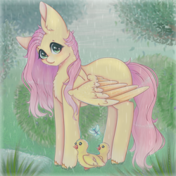 Size: 1300x1300 | Tagged: safe, artist:saltyvity, imported from derpibooru, fluttershy, bird, butterfly, duck, pegasus, pony, cute, forest, rain, shyabetes, solo