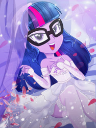 Size: 1800x2400 | Tagged: safe, artist:artmlpk, imported from derpibooru, sci-twi, twilight sparkle, equestria girls, adorable face, adorasexy, adorkable, alternate hairstyle, beautiful, bed, breasts, bride, clothes, curtains, cute, digital art, dork, dress, female, gloves, hand on chest, jewelry, lidded eyes, long socks, looking at you, open mouth, ring, rose petals, sexy, smiley face, smiling, socks, solo, stockings, thigh highs, twiabetes, watermark, wedding dress, wedding ring, wedding veil