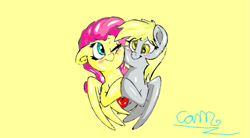 Size: 765x422 | Tagged: safe, artist:@cameron, imported from derpibooru, derpy hooves, fluttershy, close together, cute, heart, holding hooves, looking at each other, omniships, shipping, spread wings, squishy cheeks, wings