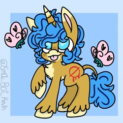 Size: 900x900 | Tagged: safe, artist:kevinsmol, imported from derpibooru, oc, oc only, butterfly, pony, unicorn, :p, horn, leonine tail, raised hoof, solo, tongue out, unicorn oc, unshorn fetlocks