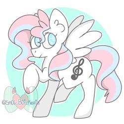 Size: 1000x1000 | Tagged: safe, artist:kevinsmol, imported from derpibooru, oc, oc only, oc:horizon, pegasus, pony, abstract background, ear fluff, pegasus oc, raised hoof, smiling, solo, wings