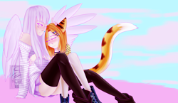 Size: 2560x1480 | Tagged: safe, artist:minelvi, imported from derpibooru, oc, oc only, human, clothes, cloud, eared humanization, female, hug, humanized, lesbian, outdoors, sitting, tailed humanization, winged humanization, wings