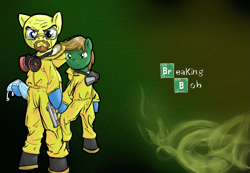 Size: 1791x1240 | Tagged: safe, artist:compound lift, oc, oc only, oc:golden touch, oc:greenlight, pegasus, pony, /mlp/, bipedal, breaking bad, fourcannon, glasses, gun, handgun, hazmat suit, looking at you, male, pistol, stallion, weapon
