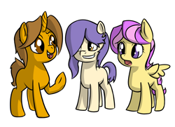 Size: 1998x1446 | Tagged: safe, artist:compound lift, oc, oc only, oc:boris, oc:curiosity, oc:eyespy, earth pony, pegasus, pony, unicorn, /mlp/, female, fourcannon, hair over one eye, horn, male, mare, open mouth, raised hoof, simple background, spread wings, stallion, trio, white background, wings