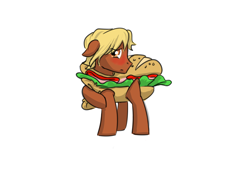 Size: 1280x926 | Tagged: safe, artist:compound lift, oc, oc only, pony, /mlp/, blushing, clothes, costume, embarrassed, food, food costume, fourcannon, hoof on leg, looking at you, male, raised hoof, sandwich, simple background, stallion, white background