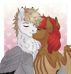 Size: 1280x1317 | Tagged: safe, artist:akumajdragon, imported from derpibooru, oc, oc only, oc:akuma, oc:arren, original species, pegasus, pony, blushing, female, kissing, male, mare, oc x oc, pegasus oc, shipping, stallion, straight, wings