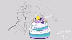 Size: 1920x1080 | Tagged: safe, artist:another_pony, imported from ponybooru, princess celestia, twilight sparkle, alicorn, pony, unicorn, birthday cake, cake, female, filly, filly twilight sparkle, food, hat, inconvenient twilight, mare, party hat, twiggie, younger