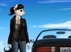 Size: 2195x1619 | Tagged: safe, artist:apocheck13, imported from derpibooru, oc, oc only, oc:elya, anthro, unicorn, car, car keys, clothes, female, jacket, jeans, mare, pants, ponytail, solo