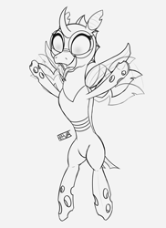 Size: 4000x5500 | Tagged: safe, artist:evan555alpha, oc, oc only, oc:yvette (evan555alpha), changeling, buzzing wings, changeling oc, cute, dorsal fin, female, flapping wings, flying, forked tongue, glasses, happy, motion lines, ocbetes, open mouth, raised hoof, round glasses, signature, solo, tongue out, wings