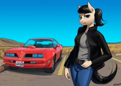 Size: 3307x2339 | Tagged: safe, artist:apocheck13, imported from derpibooru, oc, oc only, oc:elya, anthro, belt, car, clothes, female, jacket, jeans, leather jacket, mare, pants, pontiac, pontiac firebird, ponytail, solo