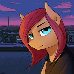 Size: 2000x2000 | Tagged: safe, artist:apocheck13, imported from derpibooru, oc, oc only, anthro, bust, city, cityscape, clothes, looking at you, portrait, rooftop, shirt, solo, t-shirt