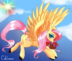 Size: 3232x2760 | Tagged: safe, artist:cali luminos, artist:caliluminos, imported from derpibooru, fluttershy, pegasus, pony, basket, blushing, butt, cute, dock, eyeshadow, fanart, female, feral, flower, flutterbutt, flying, lewd, makeup, mouth hold, mushroom, plot, shyabetes, signature, unshorn fetlocks