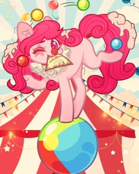 Size: 1080x1350 | Tagged: safe, artist:tea_fairyuwu, imported from derpibooru, oc, oc only, earth pony, pony, balancing, circus, clown, clown nose, earth pony oc, juggling, mouth hold, not pinkie pie, one eye closed, outdoors, red nose, solo, sunburst background, underhoof, wink