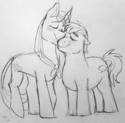 Size: 750x739 | Tagged: safe, artist:verikoira, imported from derpibooru, clear sky, quibble pants, earth pony, pony, unicorn, eyes closed, female, male, mare, monochrome, quibblesky, shipping, stallion, straight, traditional art