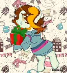 Size: 1080x1169 | Tagged: safe, artist:tea_fairyuwu, imported from derpibooru, oc, oc only, earth pony, pony, clothes, earth pony oc, grin, hat, pinecone, present, rearing, scarf, smiling, snowman, solo, sweater