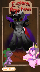 Size: 691x1236 | Tagged: safe, artist:julie25609, imported from derpibooru, king sombra, princess cadance, spike, alicorn, dragon, unicorn, box art, female, male, mare, nintendo, nintendo entertainment system, parody, stallion, video game, video game cover