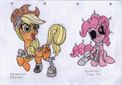 Size: 1024x712 | Tagged: safe, artist:emalajiss36, imported from derpibooru, applejack, pinkie pie, earth pony, pony, robot, robot pony, animatronic, animatronic pony, black sclera, crossover, duo, eyelashes, female, five nights at freddy's, freckles, graph paper, hat, mare, rearing, smiling, traditional art