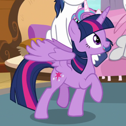 Size: 640x640 | Tagged: safe, imported from derpibooru, screencap, princess flurry heart, shining armor, twilight sparkle, twilight velvet, alicorn, pony, unicorn, once upon a zeppelin, cropped, cute, female, male, mare, open mouth, raised hoof, raised leg, raised wings, smiling, solo focus, spread wings, stallion, twiabetes, twilight sparkle (alicorn), wings