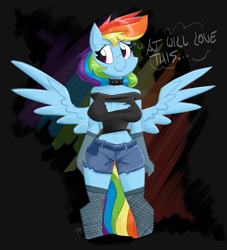 Size: 1500x1650 | Tagged: safe, artist:flutterthrash, imported from derpibooru, rainbow dash, anthro, pegasus, clothes, female, implied appledash, implied lesbian, implied shipping, socks, solo, solo female, stockings, text, thigh highs, wings