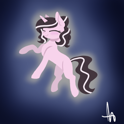 Size: 1000x1000 | Tagged: safe, artist:inspiration1413, imported from derpibooru, oc, oc only, oc:magpie, oc:magpie pony, pony, unicorn, cute, eyes closed, female, glow, glowing, happy, horn, magpiepony, mare, ocbetes, simple background, solo, unicorn oc