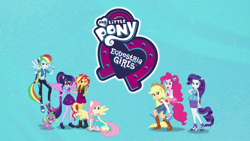 Size: 1440x810 | Tagged: safe, edit, imported from derpibooru, applejack, fluttershy, pinkie pie, rainbow dash, rarity, sci-twi, spike, spike the regular dog, sunset shimmer, twilight sparkle, dog, equestria girls, equestria girls series, clothes, converse, equestria girls logo, geode of empathy, geode of fauna, geode of shielding, geode of sugar bombs, geode of super speed, geode of super strength, geode of telekinesis, humane five, humane seven, humane six, intro, logo, logo edit, magical geodes, ponied up, pony ears, rarity peplum dress, scitwilicorn, shoes, wings