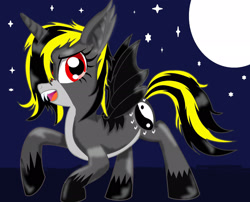Size: 2220x1796 | Tagged: safe, artist:juliet-gwolf18, imported from derpibooru, oc, oc only, oc:juliet, alicorn, bat pony, bat pony alicorn, pony, bat pony oc, bat wings, fangs, female, full moon, hoof shoes, horn, mare, moon, night, open mouth, outdoors, solo, stars, wings