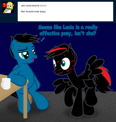Size: 7708x8130 | Tagged: safe, artist:agkandphotomaker2000, imported from derpibooru, oc, oc:arnold the pony, oc:pony video maker, pegasus, pony, tumblr:pony video maker's blog, ask, bipedal, bipedal leaning, blushing, coffee mug, dialogue, dizzy, dizzy eyes, feathered wings, femboy, feminine stallion, girly, implied kissing, kiss mark, leaning, lipstick, male, mug, show accurate, simple background, spread wings, stallion, stool, table, tumblr, wings