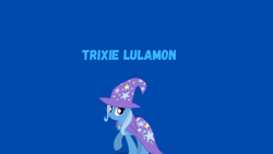 Size: 1280x720 | Tagged: safe, artist:kristiancastellanos3, imported from derpibooru, trixie, pony, unicorn, cape, clothes, female, hat, simple background, solo, text, trixie's cape, trixie's hat