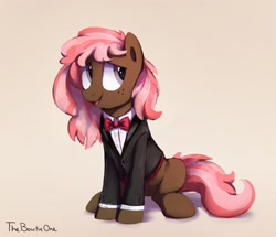 Size: 1722x1480 | Tagged: safe, artist:thebowtieone, imported from derpibooru, oc, oc only, oc:scarlet trace (coffee bean), earth pony, pony, bowtie, clothes, commission, female, mare, open mouth, simple background, sitting, smiling, solo, suit