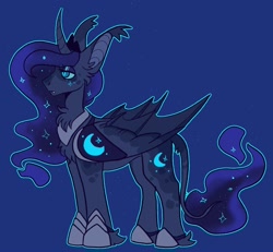 Size: 1300x1200 | Tagged: safe, artist:bloodredpegasus, artist:candii-floss, artist:rockin_candies, imported from derpibooru, princess luna, alicorn, bat pony, pony, alternate design, bat ponified, blue background, curved horn, cutie mark, ear tufts, fangs, female, horn, hybrid wings, jewelry, leonine tail, race swap, regalia, simple background, slit eyes, solo, wings