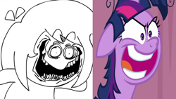 Size: 1280x720 | Tagged: artist needed, safe, edit, edited screencap, imported from derpibooru, screencap, twilight sparkle, alicorn, a trivial pursuit, comparison, crazy face, face, faic, floppy ears, ill (johnknee and ill), johnknee and ill, messy mane, shrunken pupils, sr pelo, twilight snapple, twilight sparkle (alicorn)