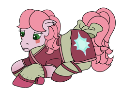 Size: 1270x931 | Tagged: safe, artist:muhammad yunus, artist:tanahgrogot, imported from derpibooru, earth pony, pony, my little pony 'n friends, season 1, aelita schaeffer, base used, bow, clothes, code lyoko, cutie mark, cutie mark on clothes, ear piercing, female, floppy ears, g1, green eyes, lying down, mare, medibang paint, piercing, pink hair, ponified, sad, simple background, solo, tail bow, transparent background