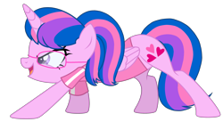 Size: 3162x1735 | Tagged: safe, artist:muhammad yunus, artist:tanahgrogot, imported from derpibooru, oc, oc only, oc:hsu amity, alicorn, pony, >:d, alicorn oc, angry, base used, clothes, cute, female, glasses, heart, horn, madorable, mare, medibang paint, not twilight sparkle, open mouth, pink body, simple background, smiling, solo, transparent background, watch, wings