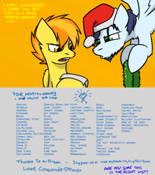 Size: 1280x1440 | Tagged: safe, artist:captainhoers, imported from derpibooru, soarin', spitfire, pegasus, pony, firestarter spitfire, christmas, female, hat, holiday, list, male, mare, santa hat, shipping, soarinfire, stallion, straight