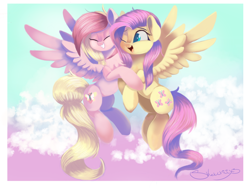 Size: 1600x1200 | Tagged: safe, artist:sketchiix3, imported from derpibooru, fluttershy, oc, oc:mio, pegasus, pony, duo, eyes closed, female, flying, hug, mare, one eye closed, signature, spread wings, wings