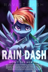 Size: 1200x1800 | Tagged: safe, artist:ravistdash, imported from derpibooru, rainbow dash, pegasus, pony, bipedal, bullet, gun, handgun, john wick, looking at you, m45a1, magazine, pistol, poster, propaganda, smiling, solo, standing, text, weapon, wings