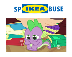 Size: 1528x1212 | Tagged: safe, edit, edited screencap, imported from derpibooru, screencap, spike, dragon, abuse, background pony strikes again, crying, go to sleep garble, ikea, implied spikeabuse, insulting tag, male, not funny, op is a duck, pun, shitposting, sitting, solo, spikeabuse, we are going to hell