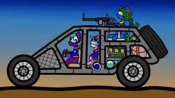 Size: 1024x577 | Tagged: safe, artist:dice-warwick, imported from derpibooru, oc, oc:harp melody, oc:slowtrot, oc:star charter, earth pony, pony, unicorn, fallout equestria, car, digital art, driving, ear piercing, fallout equestria: desperados, female, goggles, gun, gun nest, light strike vehicle, magical energy weapon, male, mare, mirage pony, piercing, rifle, spark battaries, stallion, vehicle, water tank, weapon