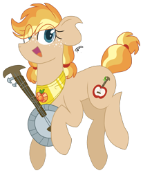 Size: 1231x1487 | Tagged: safe, artist:gallantserver, imported from derpibooru, oc, oc only, oc:marmalade melody, earth pony, pony, banjo, element of honesty, female, magical lesbian spawn, mare, musical instrument, offspring, parent:applejack, parent:oc:silverlay, parents:canon x oc, parents:silverjack, simple background, solo, transparent background