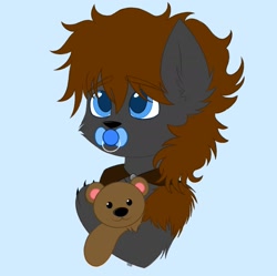 Size: 1841x1835 | Tagged: safe, artist:vaiola, imported from derpibooru, oc, oc only, oc:cherokee winchester, hybrid, original species, advertisement, avatar, baby, big eyes, blue background, bust, claws, colored sketch, commission, cute, ear fluff, eyebrows, eyebrows visible through hair, fluffy, hug, icon, male, pacifier, portrait, shy, simple background, solo, teddy bear, ych result