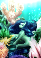 Size: 826x1169 | Tagged: safe, artist:pocketyhat, imported from derpibooru, oc, oc only, oc:aqua shine, sea pony, seapony (g4), blue eyes, bubble, closed mouth, coral, crepuscular rays, eyelashes, female, fish tail, flowing mane, flowing tail, glow, glowing, looking up, ocean, seaweed, signature, sitting, smiling, solo, sunlight, tail, underwater, water