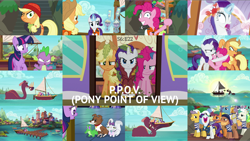 Size: 1972x1110 | Tagged: safe, edit, edited screencap, editor:quoterific, imported from derpibooru, screencap, anchors aweigh (character), applejack, gummy, opalescence, pinkie pie, rarity, spike, twilight sparkle, water whirled, winona, alicorn, crab, tri-horned bunyip, ppov, anchors aweigh, beach breaker, boat, captain jackbeard, ocean, pepper french, pier, sandy wave, schooner loop, seaside jack, seaward shoals, sunny waves, twilight sparkle (alicorn), whale trotter