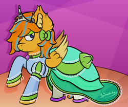 Size: 1200x1000 | Tagged: safe, artist:spiroudada, imported from derpibooru, oc, oc only, oc:cold front, pegasus, pony, bow, clothes, crossdressing, dress, male, princess dress, shoes, solo, stallion
