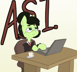 Size: 3000x2793 | Tagged: safe, artist:happy harvey, imported from derpibooru, oc, oc:filly anon, earth pony, pony, chair, clothes, coaster, coffee, coffee mug, colored pupils, computer, computer chair, desk, drawn on phone, female, filly, glasses, hair bun, hairclip, laptop computer, looking up, mug, necktie, office chair, phone drawing, sitting, suit