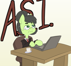 Size: 3000x2793 | Tagged: safe, artist:happy harvey, imported from derpibooru, oc, oc:filly anon, earth pony, pony, chair, clothes, coaster, coffee, coffee mug, colored pupils, computer, computer chair, desk, drawn on phone, elderly, female, filly, glasses, gray mane, hair bun, hairclip, laptop computer, looking up, mare, mug, necktie, office chair, older, phone drawing, sitting, suit