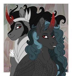 Size: 4000x4200 | Tagged: safe, artist:akumajdragon, imported from derpibooru, king sombra, oc, alicorn, changepony, hybrid, pony, unicorn, bust, father and child, father and son, interspecies offspring, male, offspring, parent:king sombra, parent:queen chrysalis, parents:chrysombra, stallion