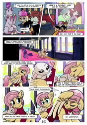 Size: 2100x3000 | Tagged: safe, artist:loryska, imported from derpibooru, angel bunny, fluttershy, oc, oc:clarabelle, oc:conundrum solar flare, oc:plumeria, earth pony, hybrid, pegasus, pony, unicorn, zony, comic:friendship grows, adopted offspring, ear fluff, offspring, parent:quibble pants, parent:rainbow dash, parent:sweetie belle, parents:quibbledash, tongue out, wing hands, wings