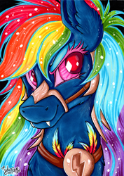 Size: 3449x4878 | Tagged: safe, artist:julunis14, imported from derpibooru, rainbow dash, pegasus, pony, armor, chest fluff, ear fluff, fangs, feather, gameloft, gameloft interpretation, markers, nightmare, nightmare rainbow dash, nightmarified, solo, traditional art