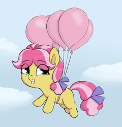 Size: 1812x1888 | Tagged: safe, artist:heretichesh, imported from derpibooru, kettle corn, earth pony, pony, balloon, blushing, bow, cloud, cute, female, filly, floating, flying, hair bow, happy, sky, tail bow, then watch her balloons lift her up to the sky