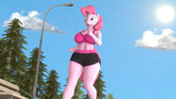 Size: 1920x1080 | Tagged: safe, artist:neondonut, imported from derpibooru, pinkie pie, anthro, earth pony, 3d, belly button, breasts, busty pinkie pie, clothes, cloud, female, jogging, lamppost, outdoors, shorts, sky, smiling, solo, solo female, source filmmaker, sports bra, sports shorts, sweat, tail, thighs, tree, wide hips